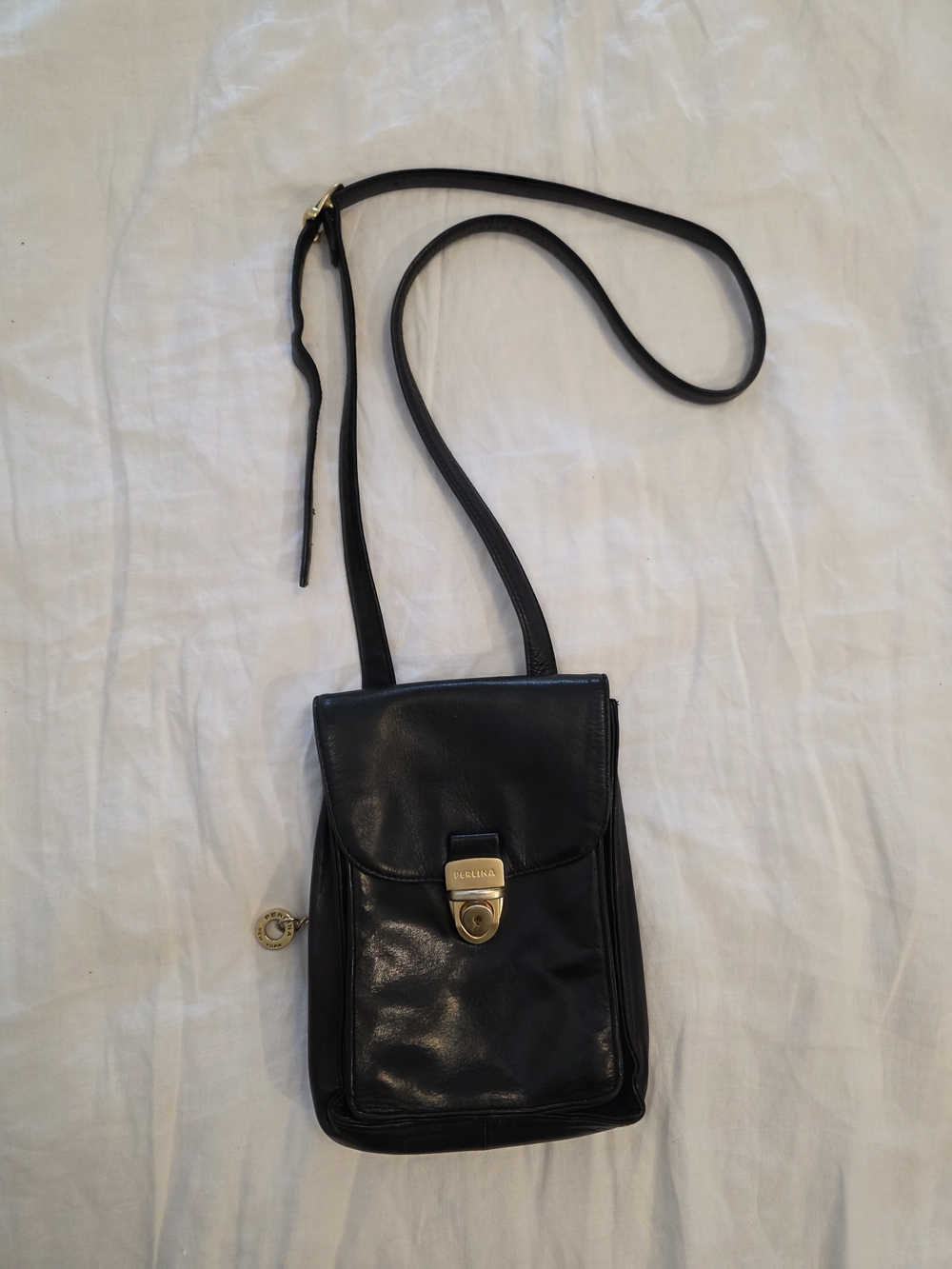 Perlina New York Genuine Black Leather Crossbody Bag with Gold Hardware